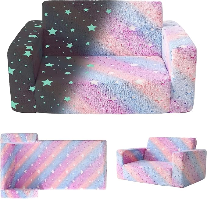 Kids Sofa, Glow in The Dark Toddler Chairs Children's Extra Wide Convertible Sofa to Lounger - Extra Soft 2 Seats 2 in 1 Flip Open Chair & Sleeper, Toddler Couch, Kids Sofa Bed