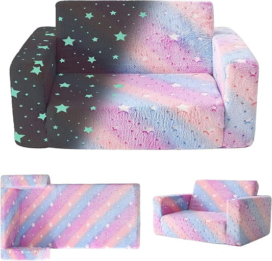 Kids Sofa, Glow in The Dark Toddler Chairs Children's Extra Wide Convertible Sofa to Lounger - Extra Soft 2 Seats 2 in 1 Flip Open Chair & Sleeper, Toddler Couch, Kids Sofa Bed