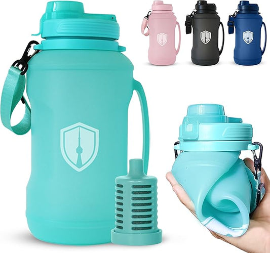 Collapsible Water Bottle for Traveling, Workout or Hiking 64oz Gen 2.0 - Motivational Water Bottle with Time Markings - Half Gallon / 2 L Capacity - BPA Free & Dishwasher Safe (Fresh Teal + Filter)