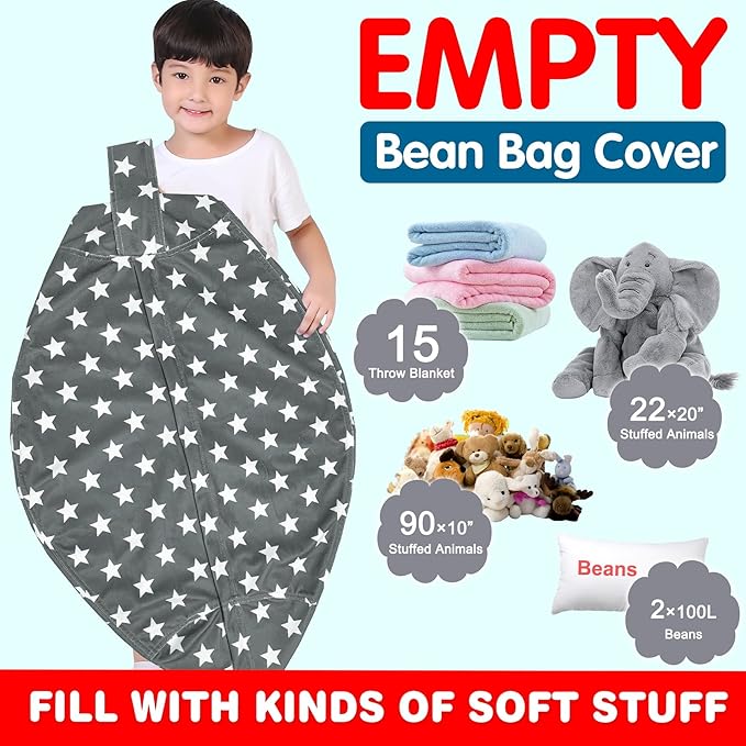 Lukeight Stuffed Animal Storage Bean Bag Chair Cover for Kids, Zipper Beanbag Chair Cover for Organizing Toddler and Kids' Rooms Plush Toys (Stars Gray Velvet, X-Large)