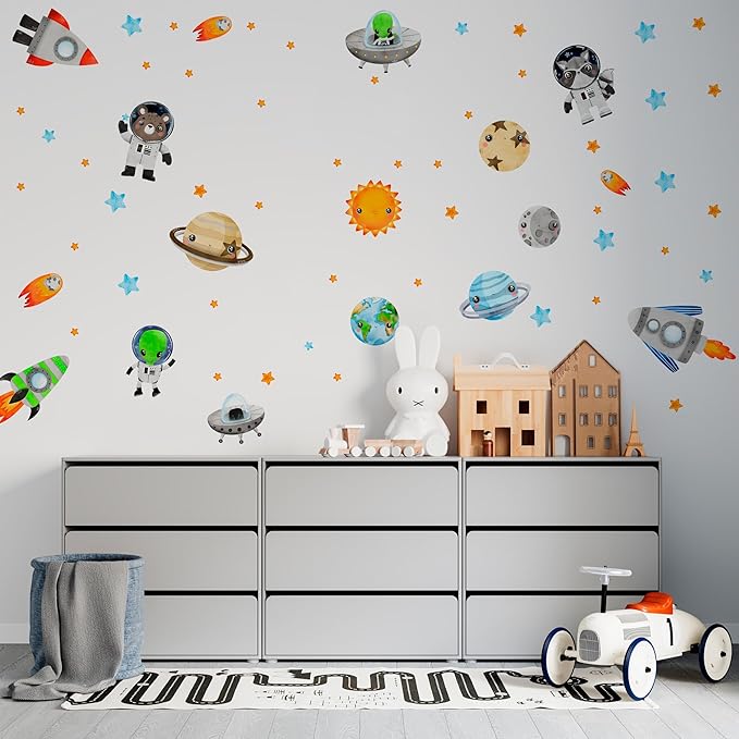 Large Solar System Wall Decals for Kids by Lipastick - 113 pcs Space Animal Wall Stickers Boys Room Playroom - Galaxy Wall Decor - Kids Vinyl Wall Decal Peel and Stick - Outer Space Decoration M Size
