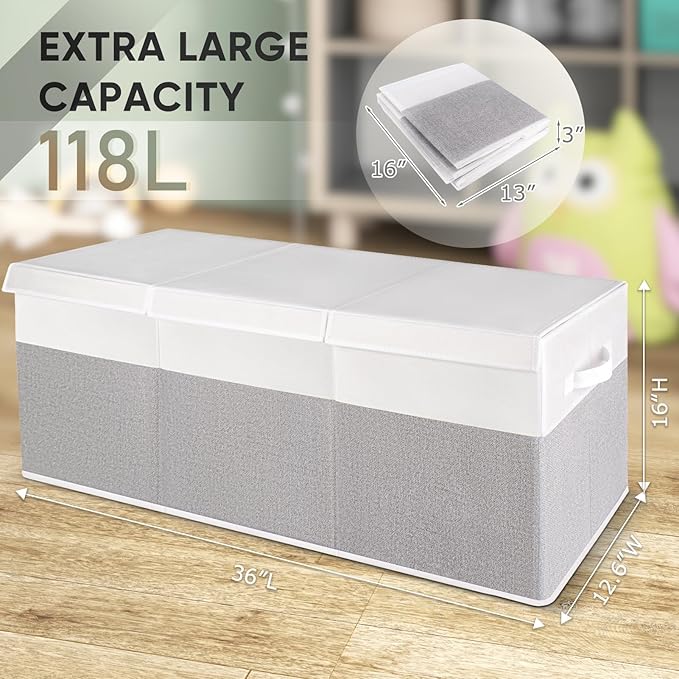 Kids Toy Box, Extra Large Toy Chest for Boy and Girl, 118L Toy Storage Organizer Stuffed Animals Holder with Removable Divider and Sturdy Handle for Nursery, Bedroom, Living room, 36"L x 12.6"W x 16"H