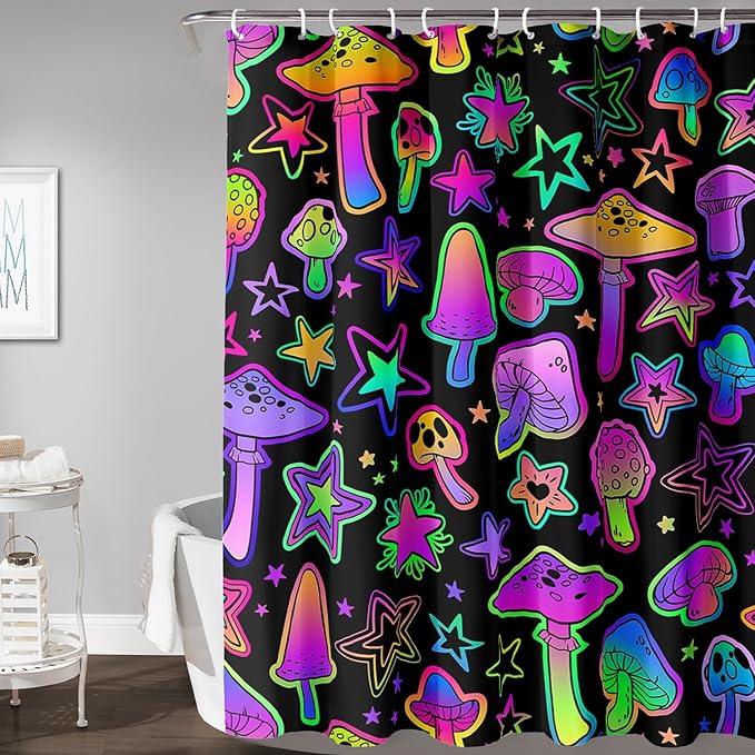 AILONEN Cute Mushroom Window Curtain for Kids,Star Purple Mushroom Curtain for Bathroom Decor,Gradient Mushroom Polyester Waterproof with 12 Plastic Hooks 60" W*72" H