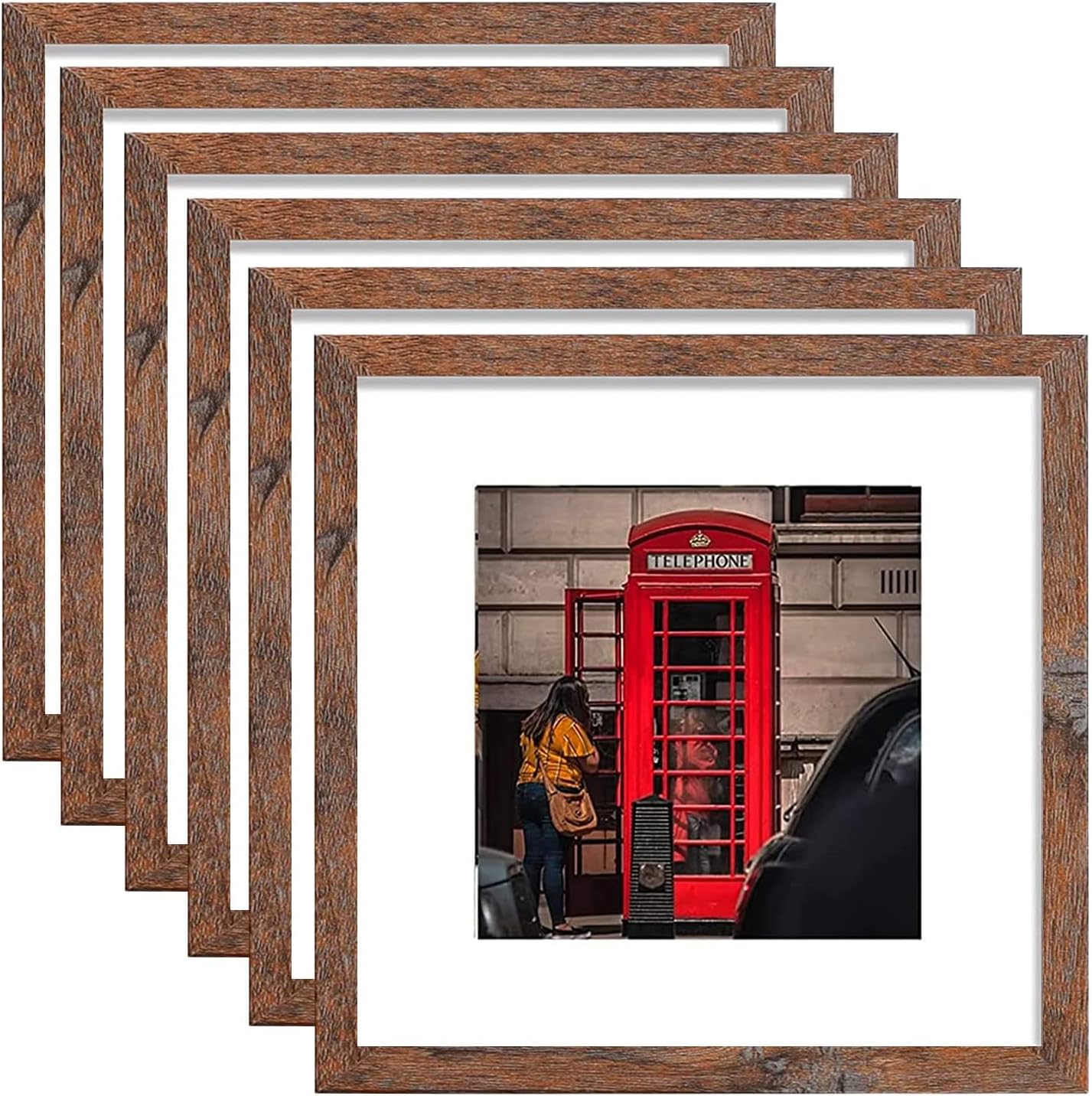 12x12 Picture Frame Set of 6, Display Pictures 8x8 with Mat or 12x12 Without Mat for Wall Mounting,Rustic Brown