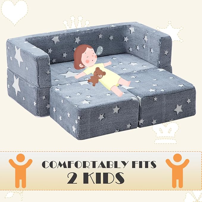 Kids Sofa Couch 3-in-1 Modular Toddler Couch Glowing Grey Baby Couch Foam Armchair for Boys & Girls Children Convertible Sofa to Lounger Plush Fold Out Sofa Play Set with Two Ottomans, Two Seats