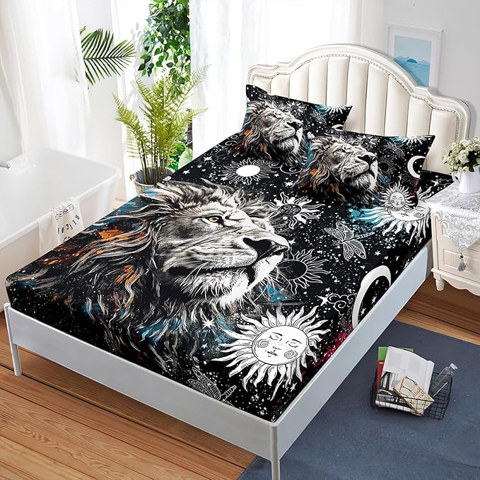 AILONEN Lion Print Queen Size Fitted Sheet Set for Boys, Sun and Moon Bed Sheet Cover Set Queen,3 Pieces Black and White Sheet Set Queen Galaxy Lion Fitted Sheet with 2 Pillowcases