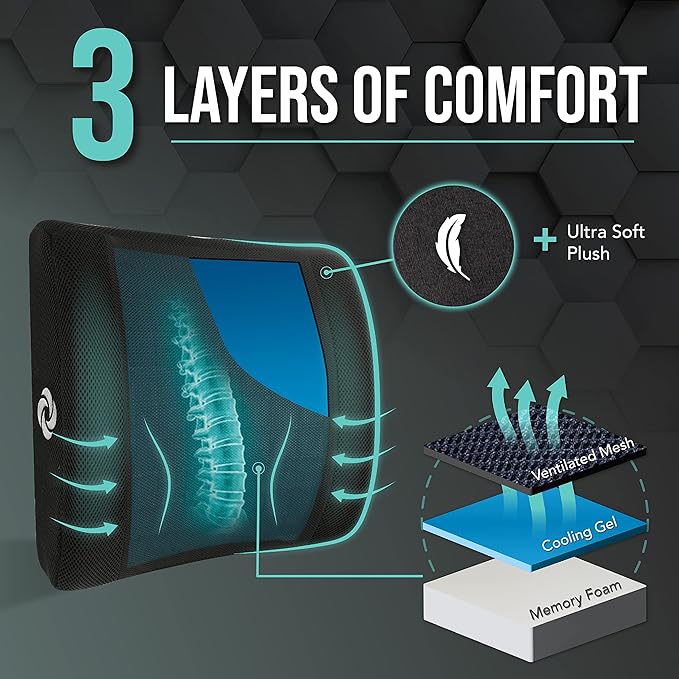 SAMSONITE, cooling gel, lumbar support pillow for office chair or car seat - boost your lower back comfort zone, high grade - memory foam, universal chair cushion, breathable mesh, washable cover