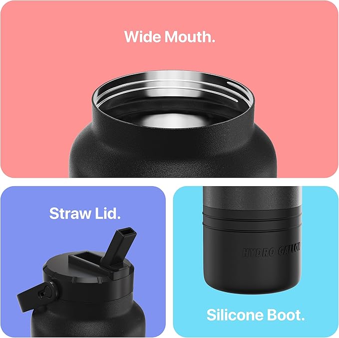 Hydro Gallon® Nomad - Insulated 64oz Half Gallon Water Bottle Jug with Sleeve, Straw Lid, Handle, Strap, Pockets. Large Stainless Steel Metal Gym Thermos. Wide mouth, Leakproof, BPA free. 62oz (Beige)