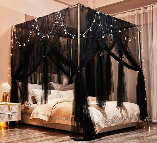 Mengersi Bed Canopy Canopy Bed Curtains with Lights- 4 Corners Post Royal Bed Drapes Mosquito Net- Elegant Bedroom Decoration Accessories for Adults(Queen,Black)