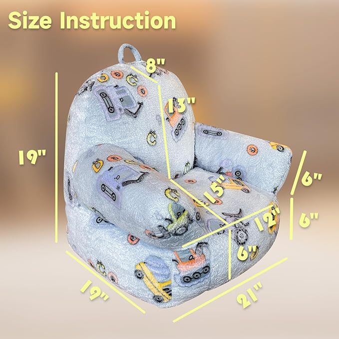 Glow in The Dark Kids Toddler Bean Bag Chair Excavator Truck Car Printed Toddler Chair Children's Plush Chair Mini Sofa Armrest Sofa for Boys and Girls