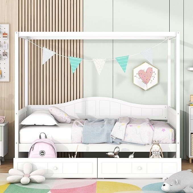 Twin Size Canopy Day Bed with 2 Drawers, White Finish, Sturdy Pine Wood and MDF, Built in Backrest, Space-Saving Design, Fits Curtains and Decorations,77.6"x 41.3"x66.1"