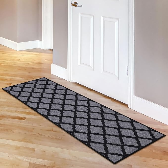 Machine Washable Moroccan Trellis Design Non-Slip Rubberback 2x5 Traditional Indoor Runner Rug for Hallway, Kitchen, Bedroom, Entryway, 20" x 59", Dark Gray