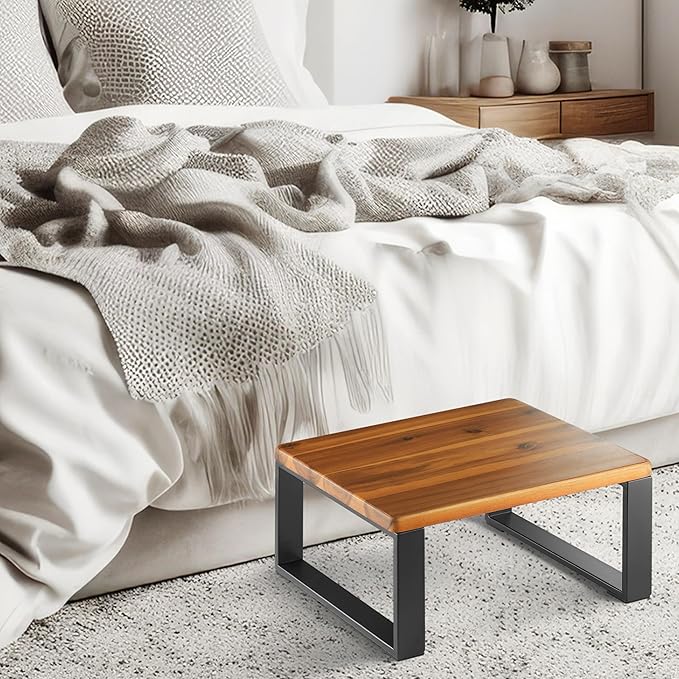 Wooden Step Stool, Heavy Duty One Step Stool for Adults, Wooden Stepping Stool with 450Lbs Capacity for Kitchen & Bathroom, Non-slip Wood Bedside Bed Steps with Robust Steel Frame for High Beds