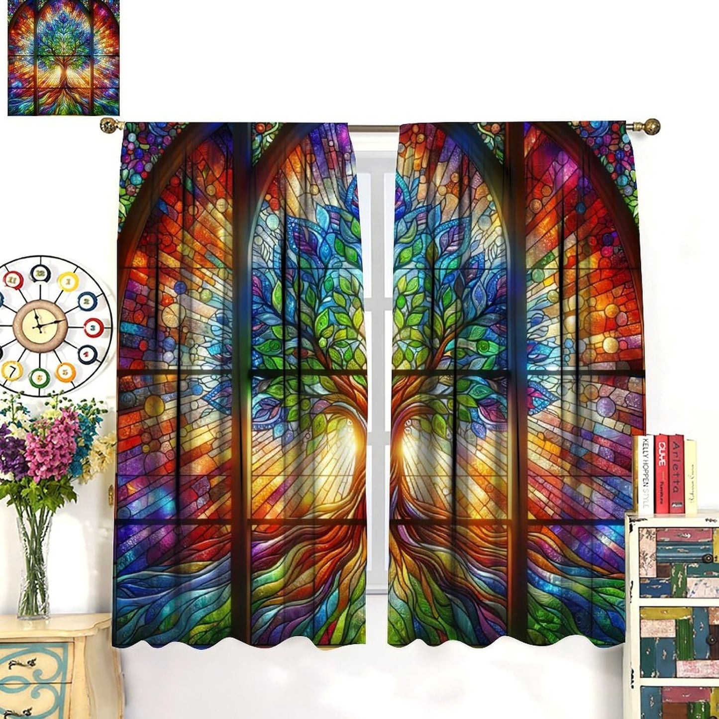 Stained Glass Curtains,Tree of Life Colorful Abstract Art Home Decor Drapes for Bedroom Living Room Kitchen Window Treatment 2 Panels Set Total Size 52" W X 84" L Inch