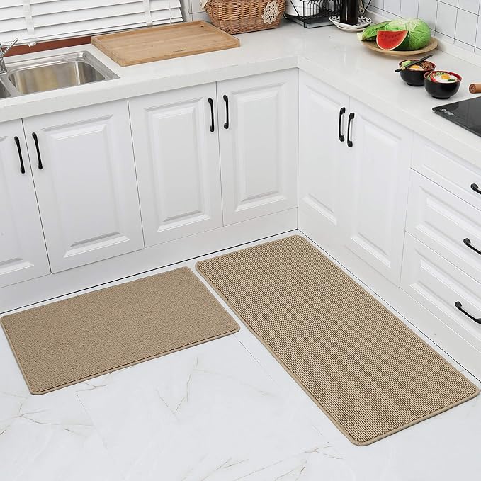 COSY HOMEER 20x30 Inch/20X48 Inch Kitchen Rug Mats Made of 100% Polypropylene Strip TPR Backing 2 Pieces Soft Kitchen Mat Specialized in Anti Slippery and Machine Washable,Beige