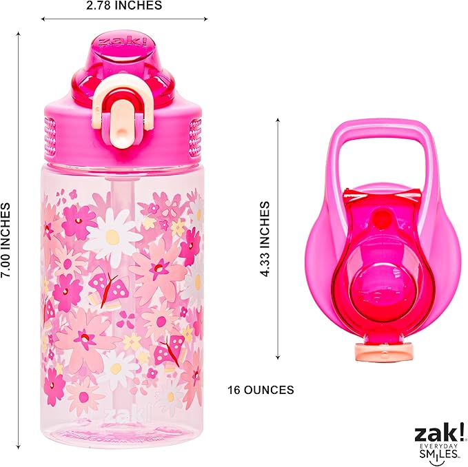 Zak Designs Sage Water Bottle For School or Travel, 16oz Durable Plastic Water Bottle With Straw, Handle, and Leak-Proof, Pop-Up Spout Cover (Flower Power)