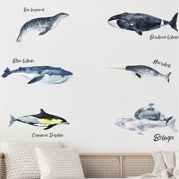 Removable Vinyl Whale Wall Decal Sea Life Wall Sticker Decor Nursery Kidsroom School Classroom Livingroom Bedroom Bathroom Coastal Ocean Fish Murals Decals