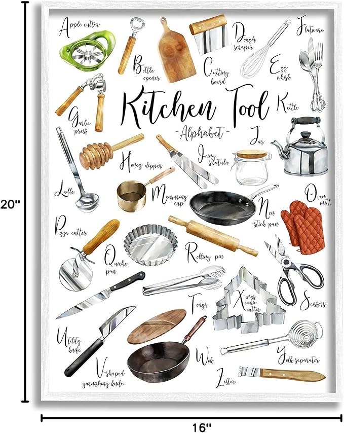 Stupell Industries Kitchen Tool Alphabet Cooking Accessory ABC Chart, Designed by Ziwei Li White Framed Wall Art, 16 x 20, Multi-Color