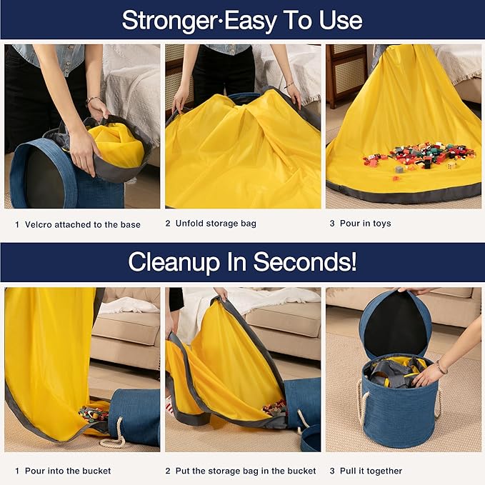 EXQ Home Large Toy Storage Basket and Building Bricks Toy Play Mat for Kids Rooms- Organizer Storage Organizer for Toys, Playroom Canvas Bag Gift for Boy/Girls (Navy 14.6"x18")