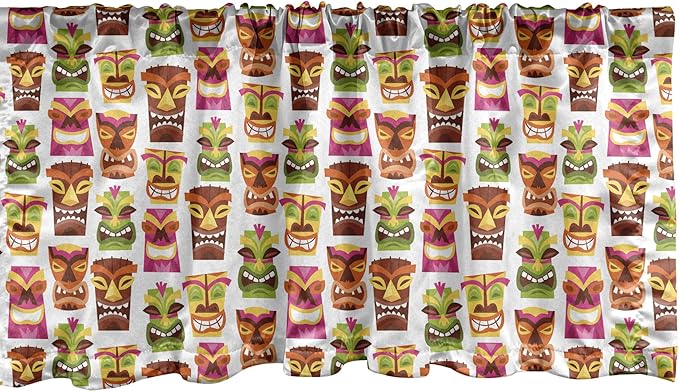 Ambesonne Tiki Bar Window Valance, Sixties Retro Inspired Hawaiian Party Happy Tiki Pattern Colorful, Curtain Valance for Kitchen Bedroom Decor with Rod Pocket, 54" X 12", White Brown