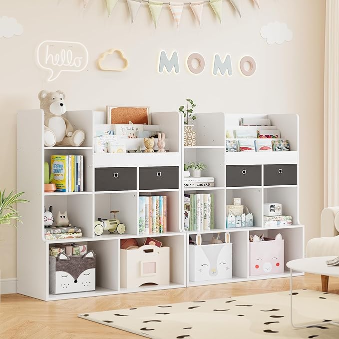 GAOMON 47.8in Kids Bookshelf with Drawers Wooden Toy Storage Organizer Modern Bookcase with Cubbies Floor Storage Cabinet White Toy Chest Playroom, Classroom, Nursery, Kids Room