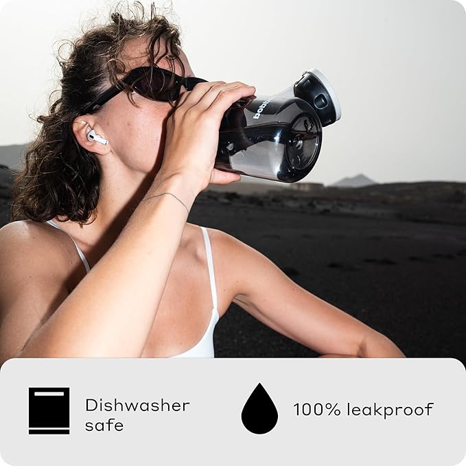 BOBBER 20 oz Tritan Water Bottle with Carry Strap & Strainer Lid — BPA Free Water Bottle for Gym — Dishwasher Safe Sturdy Water Bottle — Easy Carry Leak Proof Gym Workout Bottle for Men, Women (Black)