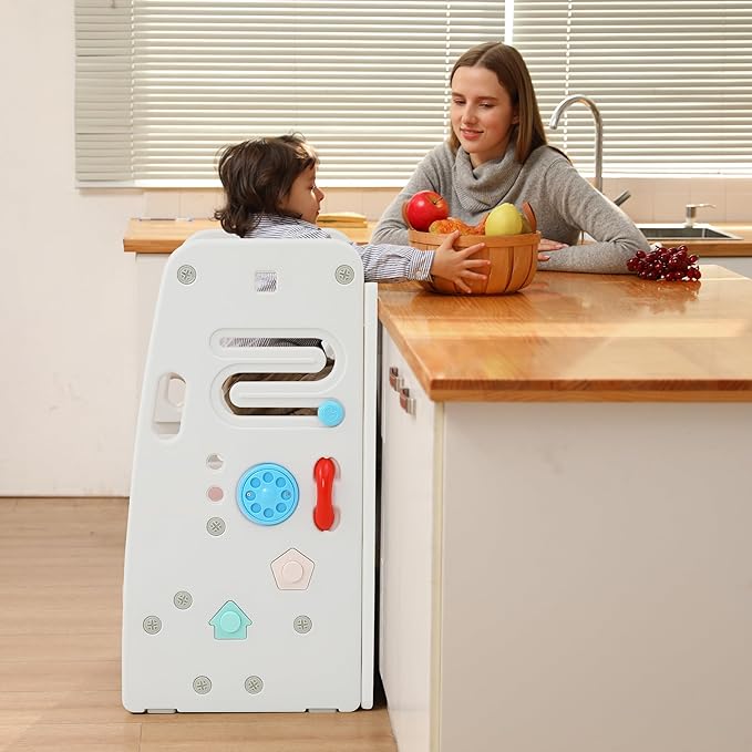 SDADI Multifunctional Toddler Tower with Double Safety Rails - Adjustable & Non-Slip for Kitchen and Bathroom Use - Montessori Step Stool for Kids, Beige and Pink