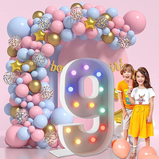 4FT Marquee Light Up Numbers Marquee Numbers 9, Multiple Color Options Including Cool White, Pink, Blue, & Colorful, NO Glue Gun Needed