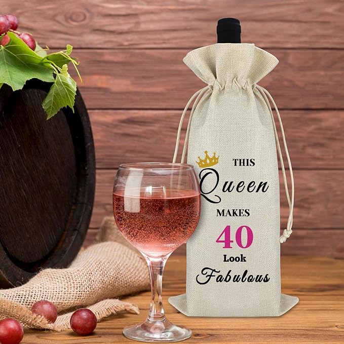 40th Birthday Gift Forty Birthday Gift for Women Mom 40th Female Milestone Gift Turning 40 Years Old Gift Drawstring Wine Wrap Bag Christmas Birthday Valentine's Day Gift for Sister Teacher Friend