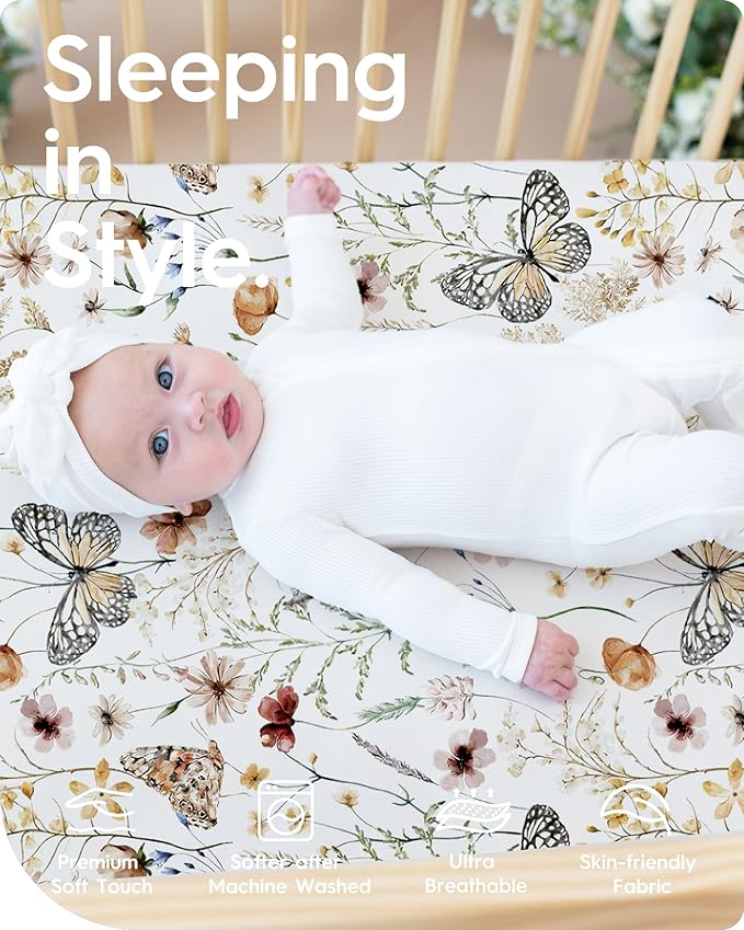 Crib Sheets for Boy Girl, Premium Soft Butterfly Crib Mattress Fitted Sheet, Ultra Breathable Baby Sheets, Super Stretchy Baby Bed Sheets 28''x52''x9'' Extra Deep Pocket, 2 Pack