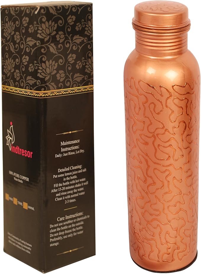 Pure Copper Water Bottle - Handcrafted - Ayurveda health benefits - Large 35 oz - Leak proof - Easy to carry for Sports, Fitness, Yoga, School -Glade Pattern Natural Copper Finish