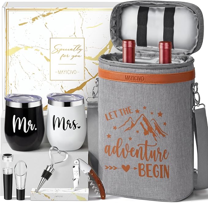 Wedding Gifts for Couples, Mr and Mrs Wine Tumblers Gifts - Engagement, Bridal Shower, Newlywed, His and Hers, House Warming -Insulated Wine Cooler Tote Bag with Glasses and Wine Accessories Gifts Set