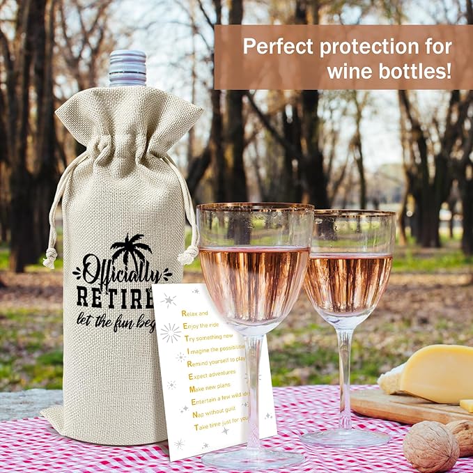 Retirement Wine Gift Bags & Card, Retirement Gifts for Women Men Grandparent Coworker Colleague Leaving Go Away Gifts 1pcs Reusable Burlap Wine Gift Bags for Wine Bottles, Retirement Party Favor -10