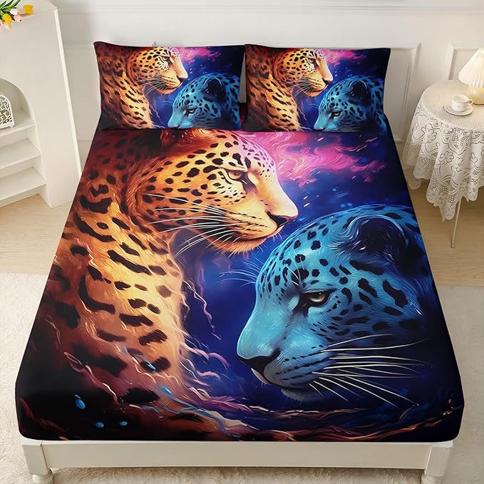AILONEN Leopard Print Fitted Sheet Set Queen Size,Safari Wildlife Cheetah Bed Sheet Set Queen Size for Boys Kids,3 Pieces Animal Leopard Queen Fitted Sheet with 2 Pillowcases Decor
