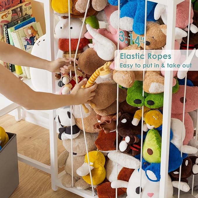 Stuffed Animal Storage, Metal Toy Storage Organizer Shelf with Kids Bookshelf, Sturdy Plushie Toys Holder Bin Multipurpose Toys Book Rack Zoo Cage for Kids Room, Nursery, PlayRoom, Birthday, White