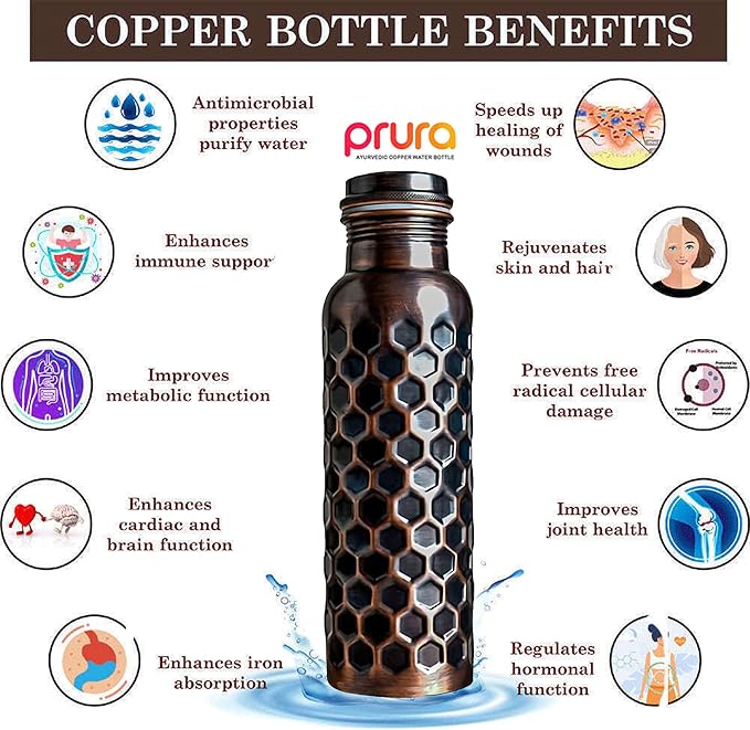 Copper Water Bottle With Beautiful Design - Leak Proof Ayurvedic Drinkware Copper Vessel for Sports, Gym, Outdoors, Yoga, (Design 20)