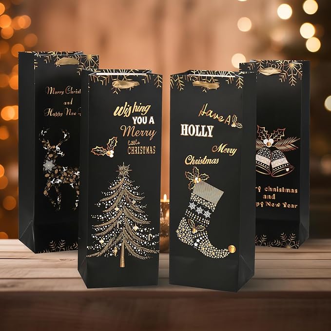 RAZKO Christmas Wine Gift Bags - Set of 12 - Gold Foil Wine Bags, 4 Christmas Patterns (5 x 14 x 3 in) -Heavy Duty Wine Gift Bags for Wine Bottles - Wine Bottle Gift Bags Bulk Black&Gold Color