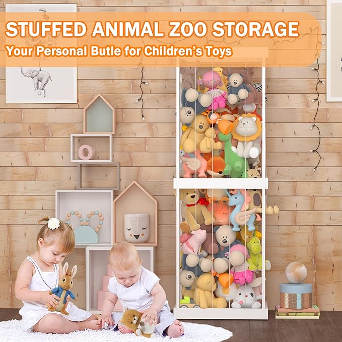 Stuffed Animal Zoo Storage, Large Capacity Wood Stuffed Animal Storage Shelf for Kids, Large Zoo Cage for Stuffed Animals with Elastic Band, Animal Toy Holder, for Nursery Playroom Bedroom Kid Room