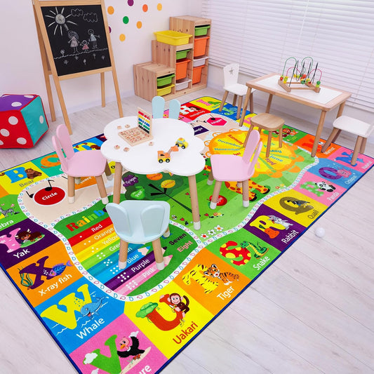 Kids Rugs for Playroom Washable, Educational and Fun Learning Rugs with ABC Alphabet Animals Shapes, Baby Toddler Children's Play Mat for Bedroom Classroom Nursery, 3x5 Feet