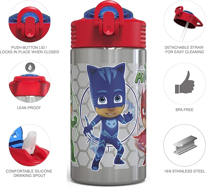 Zak Designs PJ Masks 15.5oz Stainless Steel Kids Water Bottle with Flip-up Straw Spout - BPA Free Durable Design, PJ Masks SS, Catboy, Owlette & Gekko, Single Wall