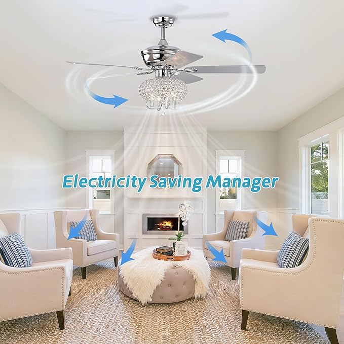 NicBex Ceiling Fan 52 Inch Ceiling Fan with Lights Ceiling Fans with 5 Blades and Remote Control Ceiling Fan with Crystal Lamp Shade for Bedroom, Living Room, Silver