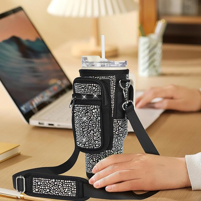 Bling Water Bottle Carrier Bag with Phone Pocket,Water Bottle Holder Bag for Stanley Cup Accessories,Cup Holder with Adjustable Shoulder Strap with Stanley 40 & 30 oz Tumbler,Black