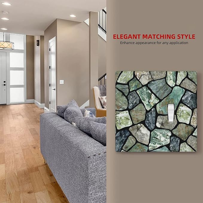Green Stone Texture Combo Single Blank 1 Single Toggle Light Switch Wall Plate Cover Decorative 2-Gang for Electrical Room Bathroom Bedroom Home Kitchen One Receptacle 4.5" x 4.6"