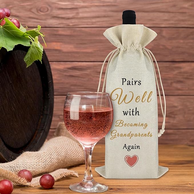 Pregnancy Announcement Gift for Being Grandparents Again Baby Reveal Gift New Baby Gift Baby Announcement Drawstring Wine Bag Gift for Family Baby Shower Party Decors Reusable Wine Wrap Bag