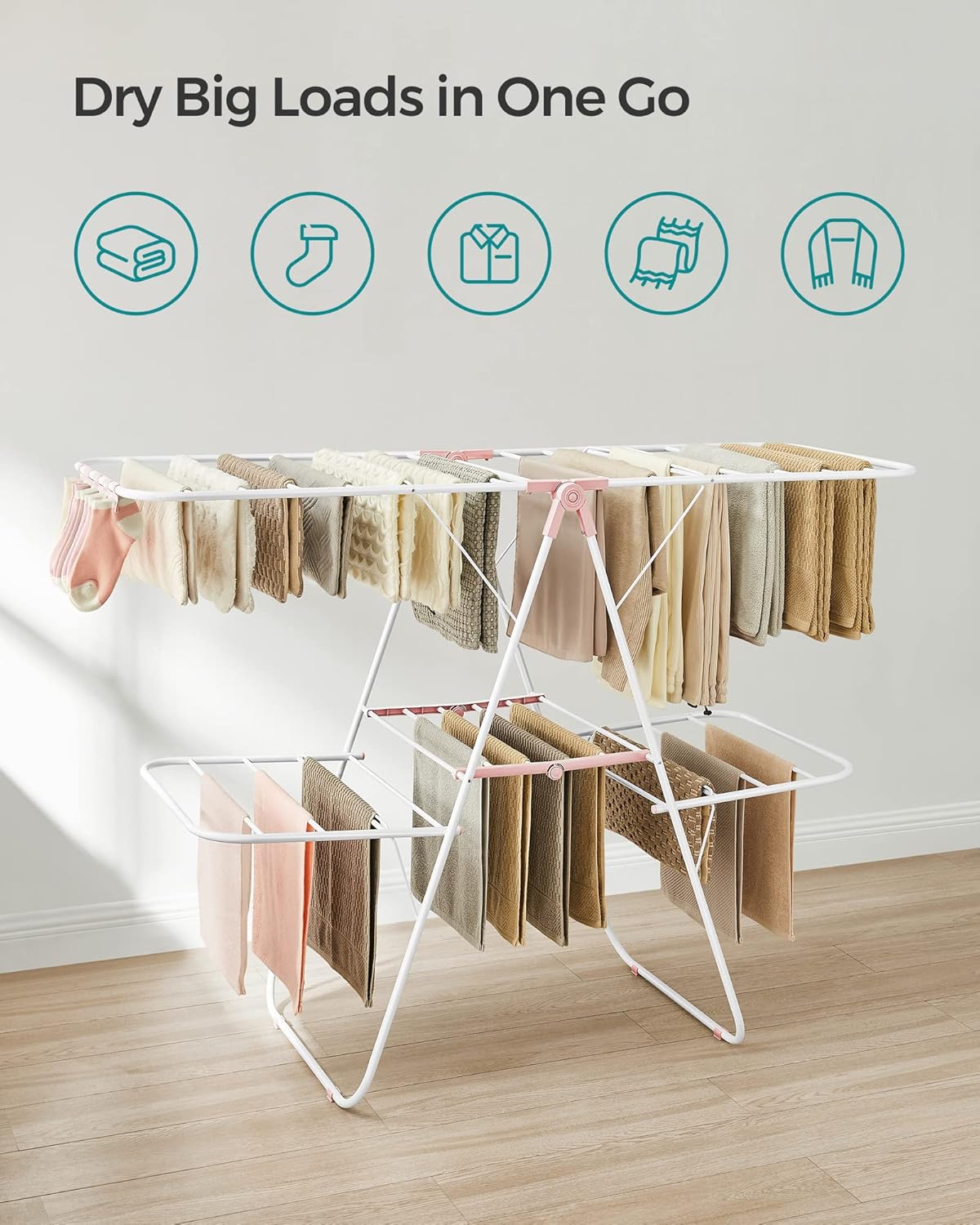 SONGMICS Clothes Drying Rack, Foldable 2-Level Laundry Drying Rack, Free-Standing Laundry Airer, with Height-Adjustable Wings, 33 Drying Rails, Sock Clips, White and Pink ULLR053P01V1