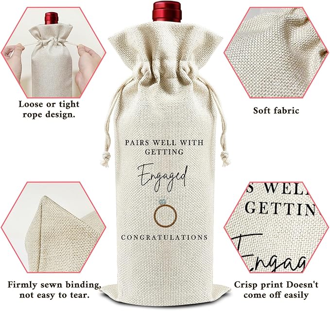 Pairs Well with Getting Engaged - Gifts for Couples Wine Bags, 1 PC Reusable Drawstring Burlap Wine Bottle Bags, Engagement Gifts for Bride Groom, Wine Accessories Engagement Party Favors -06