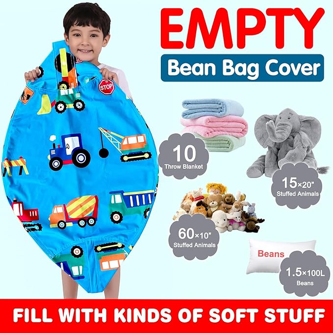 Lukeight Stuffed Animal Storage Bean Bag Chair Cover for Kids, Construction Zipper Beanbag Chair Cover for Organizing Toddler and Kids' Rooms Plush Toys (Construction Velvet, Large)