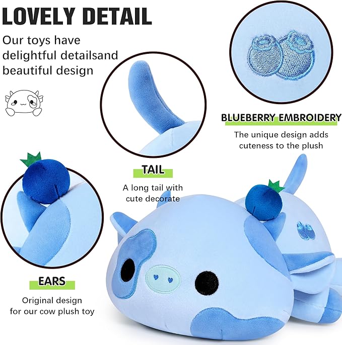 Onsoyours Cute Cow Plushie, Soft Stuffed Blueberry Cow Squishy Plush Animal Toy Pillow for Kids (Blueberry Cow, 9")