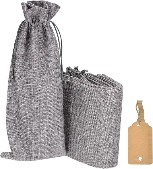 uxcell Burlap Wine Bags with Drawstrings, 12Pcs Wine Gift Bags Reusable Wine Bottle Bags with Ropes and Tags for Wedding, Birthday, Travel (14 x 6.3 In, Grey)