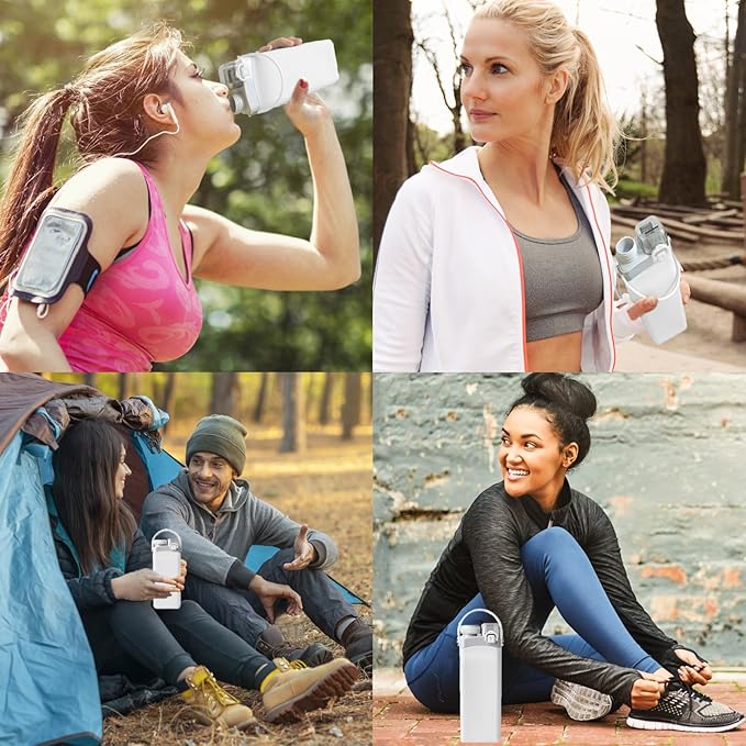 THAIOXYH® Collapsible Water Bottle 20 oz（600ml） Silicone BPA Free Reuseable Lightweight Foldable Water Bottles for Traveling Running Hiking Camping Sports (White)